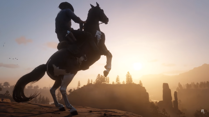 Caballo hace un caballito en el atardecer en Red Dead Redemption 2
